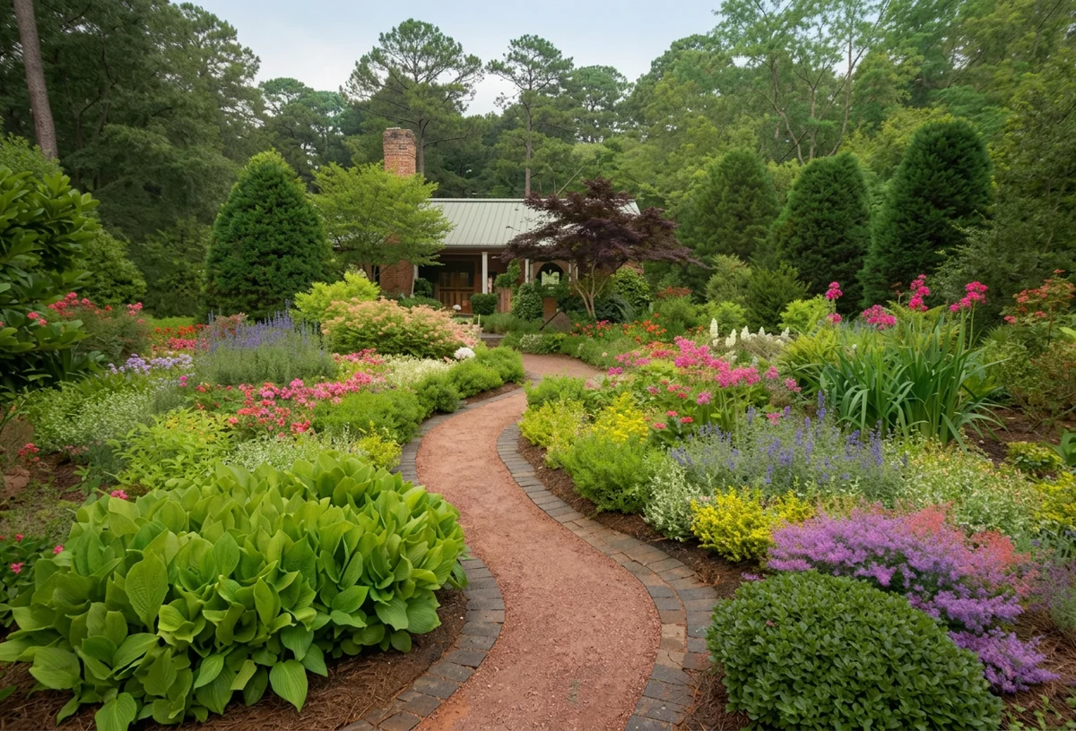 Curving brick edged garden path winding through dense flowering perennial beds toward a home