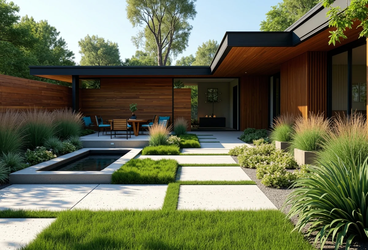 Modern courtyard with concrete pavers, grass joints, ornamental grasses and a water feature