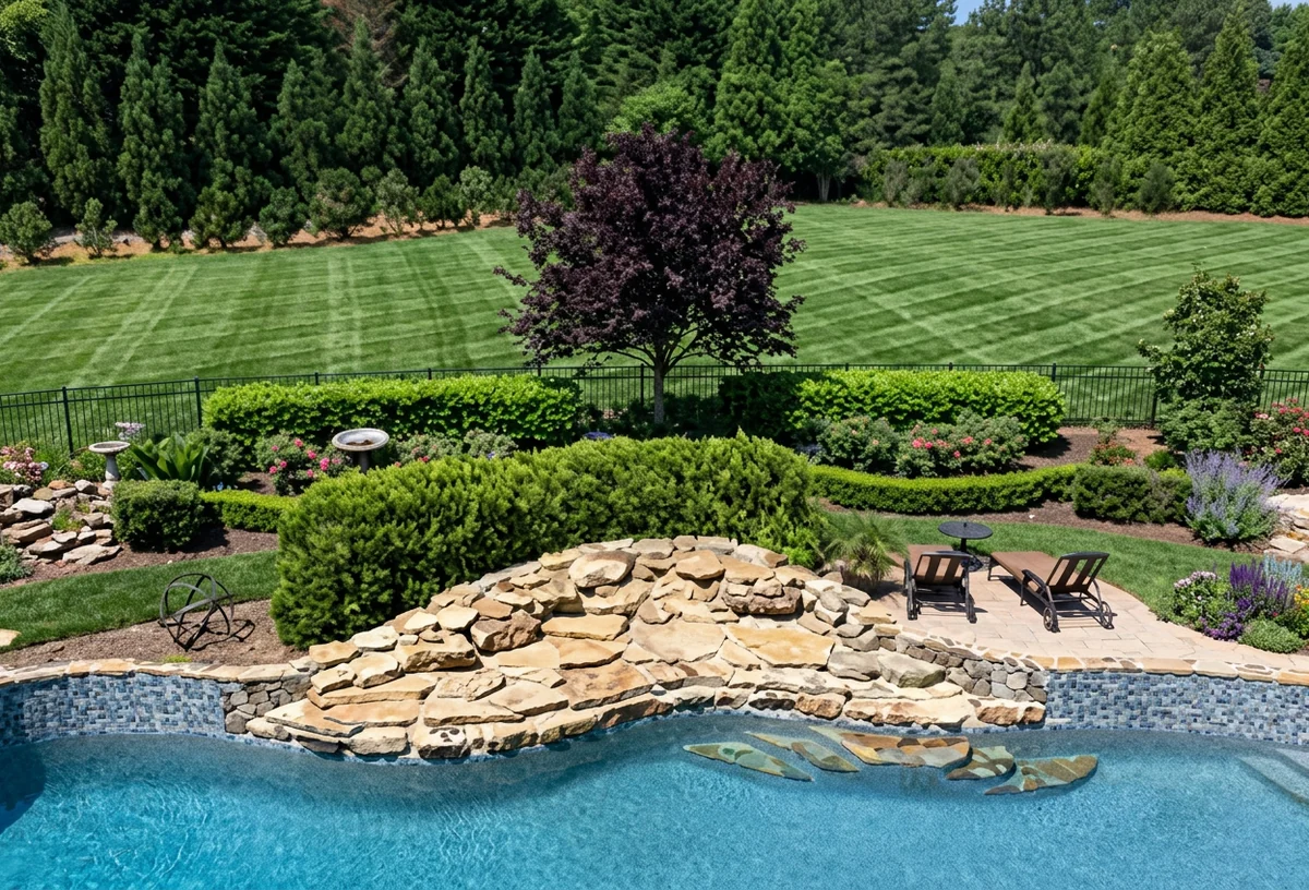 Stacked fieldstone wall beside a swimming pool with clipped shrub borders and a striped lawn behind