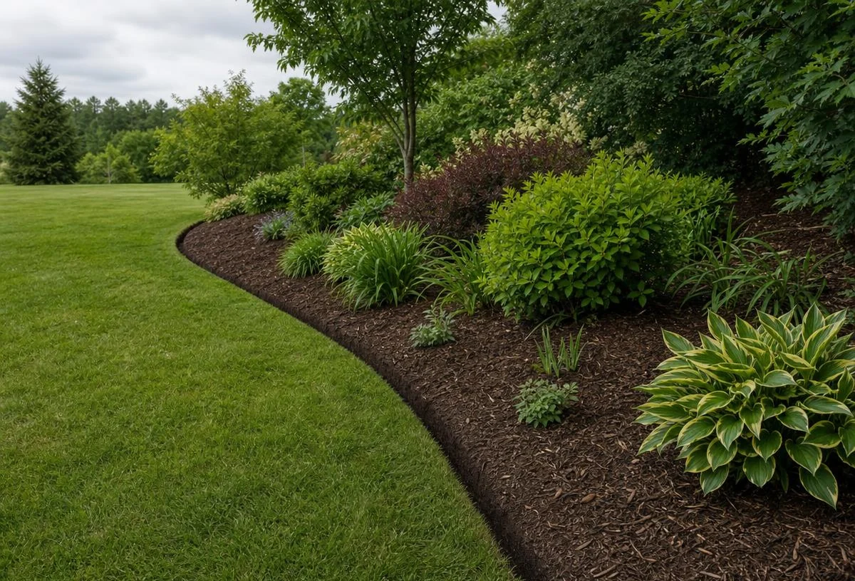 Curved mulched planting bed with a hand cut edge along a green lawn