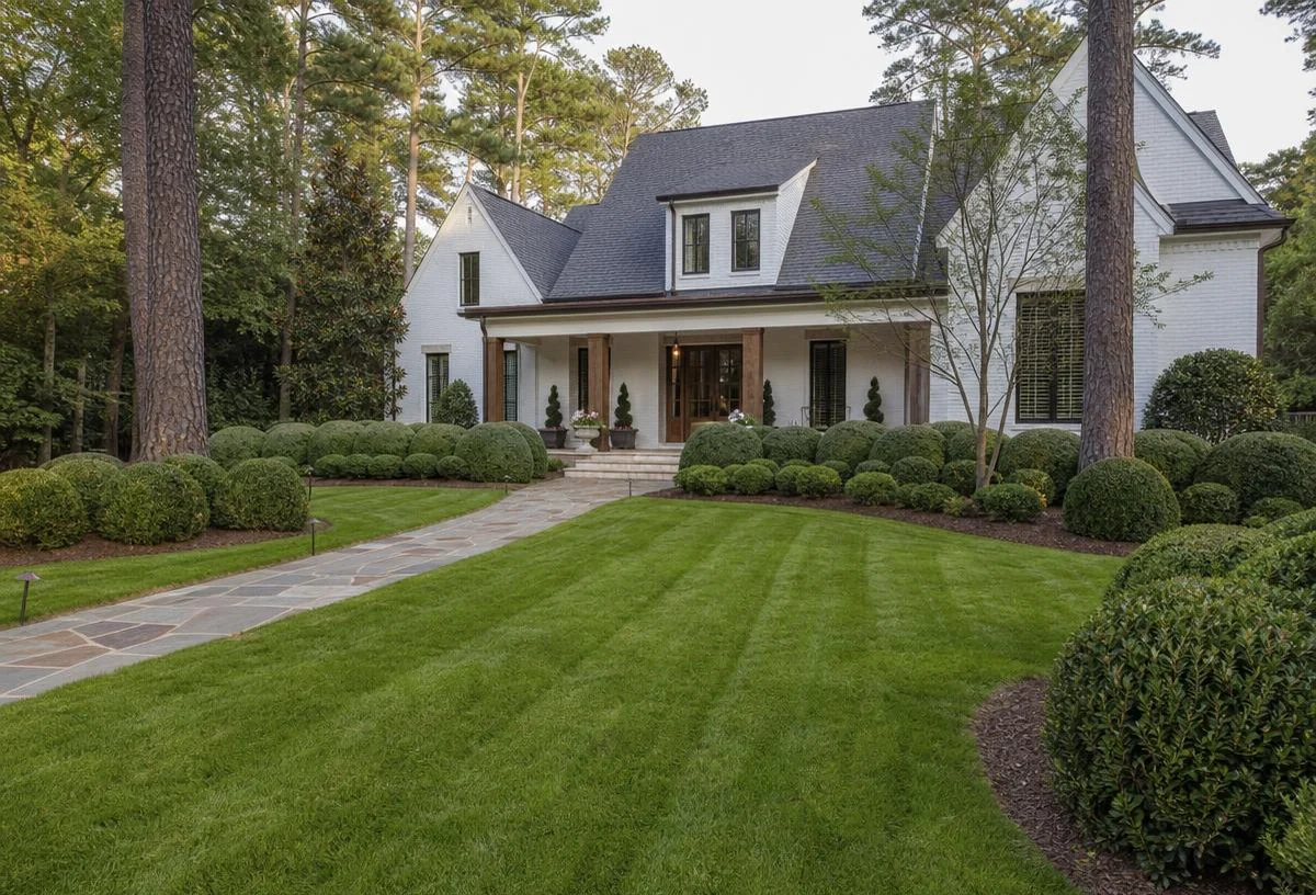 Completed front yard landscape with striped lawn and stone walkway