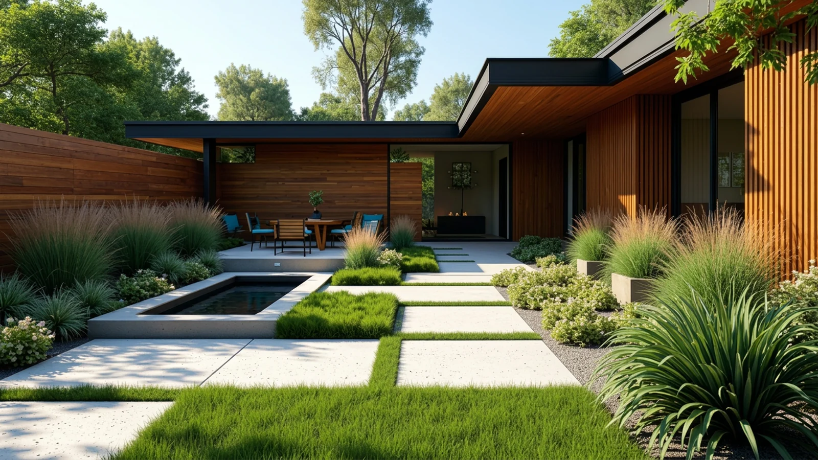 Modern courtyard landscape with concrete pavers, grass joints and ornamental grasses at a client property